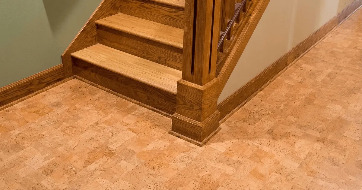 End of a staircase with cork flooring in Cambridge, MA